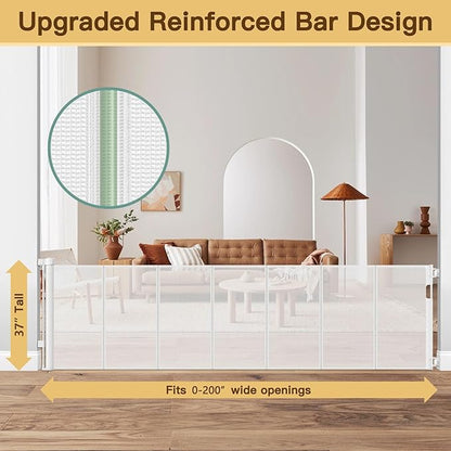 Reinforced 200 Inch Retractable Baby Gates Extra Wide Baby Gate for Large Openings, XL No Sag and Wrinkle Mesh Pet Gates for Wide Openings, Indoor/Outdoor 16 ft Retractable Garage Gate, White