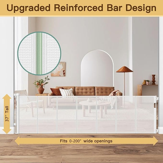Reinforced 200 Inch Retractable Baby Gates Extra Wide Baby Gate for Large Openings, XL No Sag and Wrinkle Mesh Pet Gates for Wide Openings, Indoor/Outdoor 16 ft Retractable Garage Gate, White