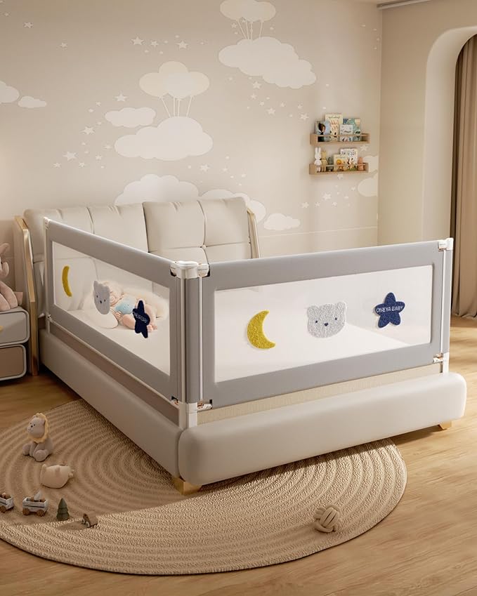 2 Piece Bed Rails for Queen Bed, No-Drill Needed Baby Bed Rail Guard for Toddlers with Height Adjustable, Thickened Child Safety Side Railing Guards/Bedrail for Kids, Grey Star Design, 60x78.7 Inches