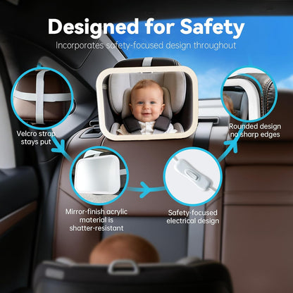 Baby Car Mirror with Remote Control Light, Shatterproof, 360° Adjustable Wide View with Night Vision, Easy Install for Rear Facing Infant Backseat (Voice gradient white)