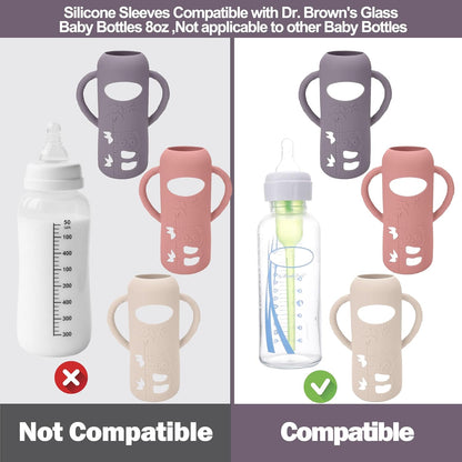 BUSOHA 3 Pack Silicone Sleeves for Dr Brown Glass Baby Bottles - Drop Protection Baby Bottle Sleeves,Compatible with Dr. Brown's Newborn Glass Bottles,with Silicone Handles,8 oz