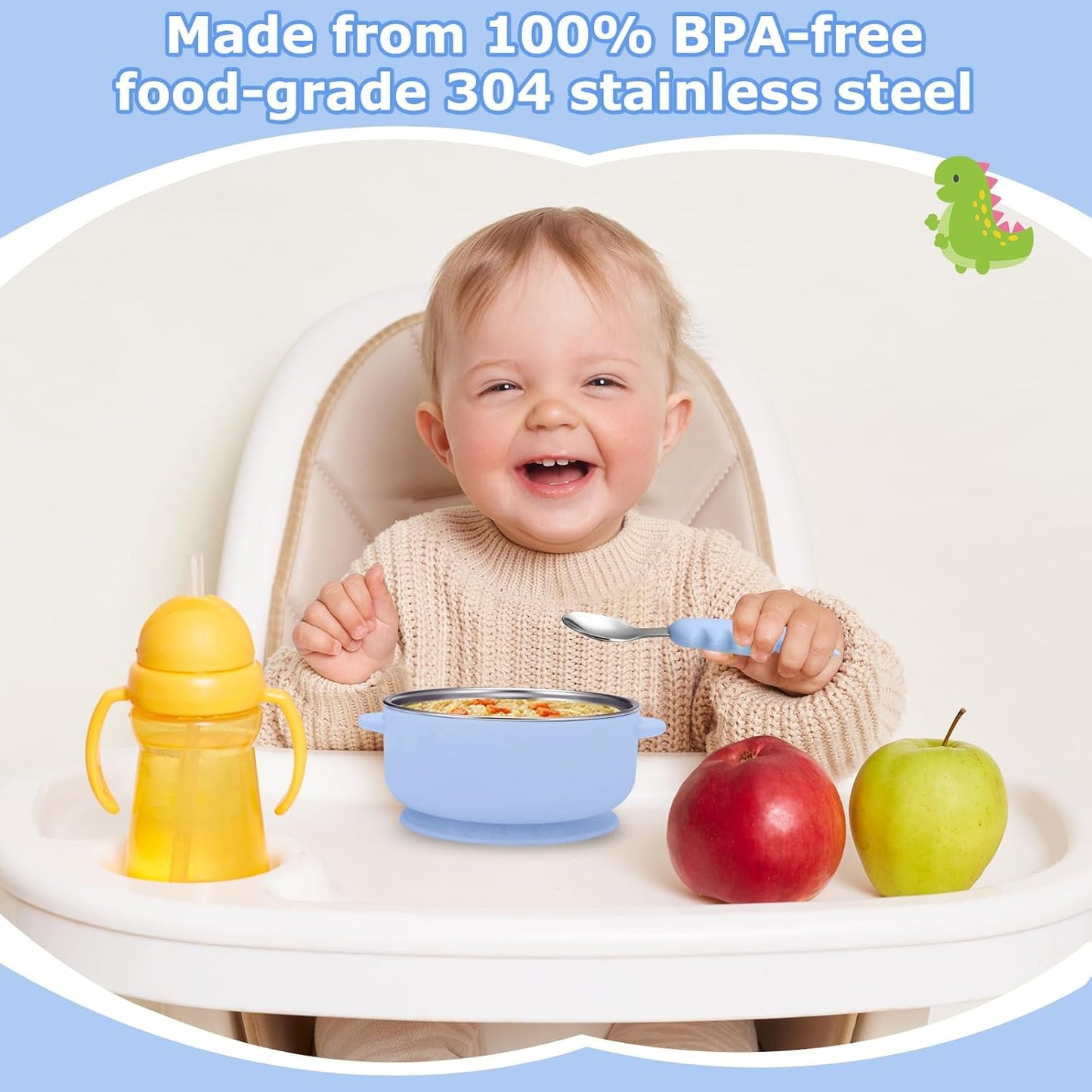 2 Pack Stainless Steel Baby Bowls with Removable Non-Slip Silicone Suction Shell and Lids, Anti Scald Food Container for Baby Food Feeding-Gray & Cream