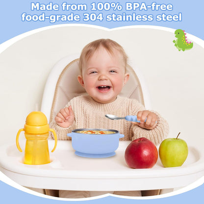 2 Pack Stainless Steel Baby Bowls with Removable Non-Slip Silicone Suction Shell and Lids, Anti Scald Food Container for Baby Food Feeding-Gray & Cream