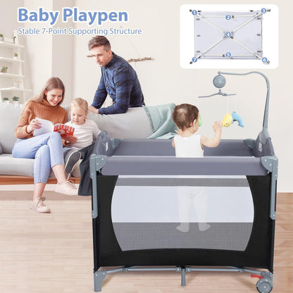 SIMPLGIRL 5-in-1 Baby Bassinet Bedside Crib, Pack and Play Long Next to Parents Bed Crib, Foldable Playard, Playpen Travel Bed Nursery Center for Girl Boy Infant Newborn
