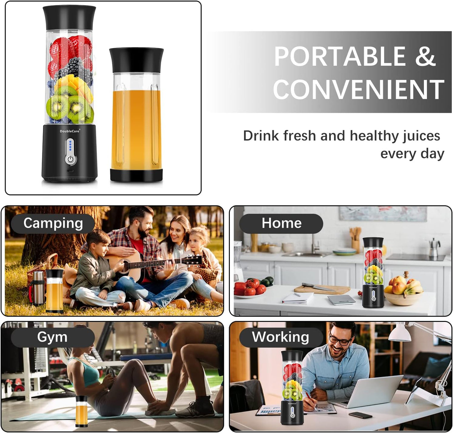 Portable Blender Cup,Electric USB Mini Juicer Blender For Shakes and Smoothies, Juice,380ml, Six Blades Great for Mixing,Black