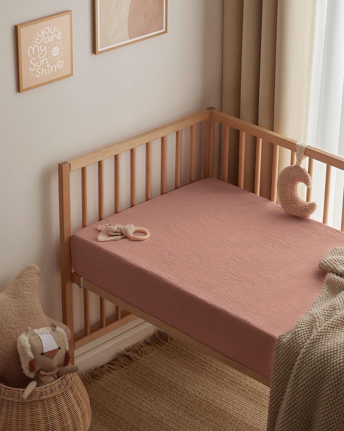Blissful Diary Muslin Bassinet Sheets for Baby Girls Boys, Boho Soft Cotton Fitted for Oval Hourglass Rectangle Mattress, 2 Pack(Sunshine&Brown)