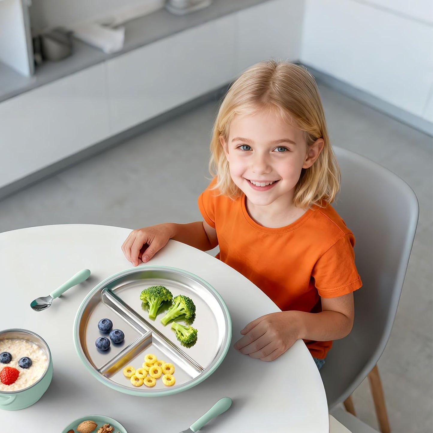 Bakpoco Stainless Steel Toddler Plate with Suction, 9” Divided Plates with Removable Silicone Sleeves for Kids, Non Toxic & BPA Free | Non Slip | Unbreakable Baby Snack Dishes Set of 2, Blue & Gray