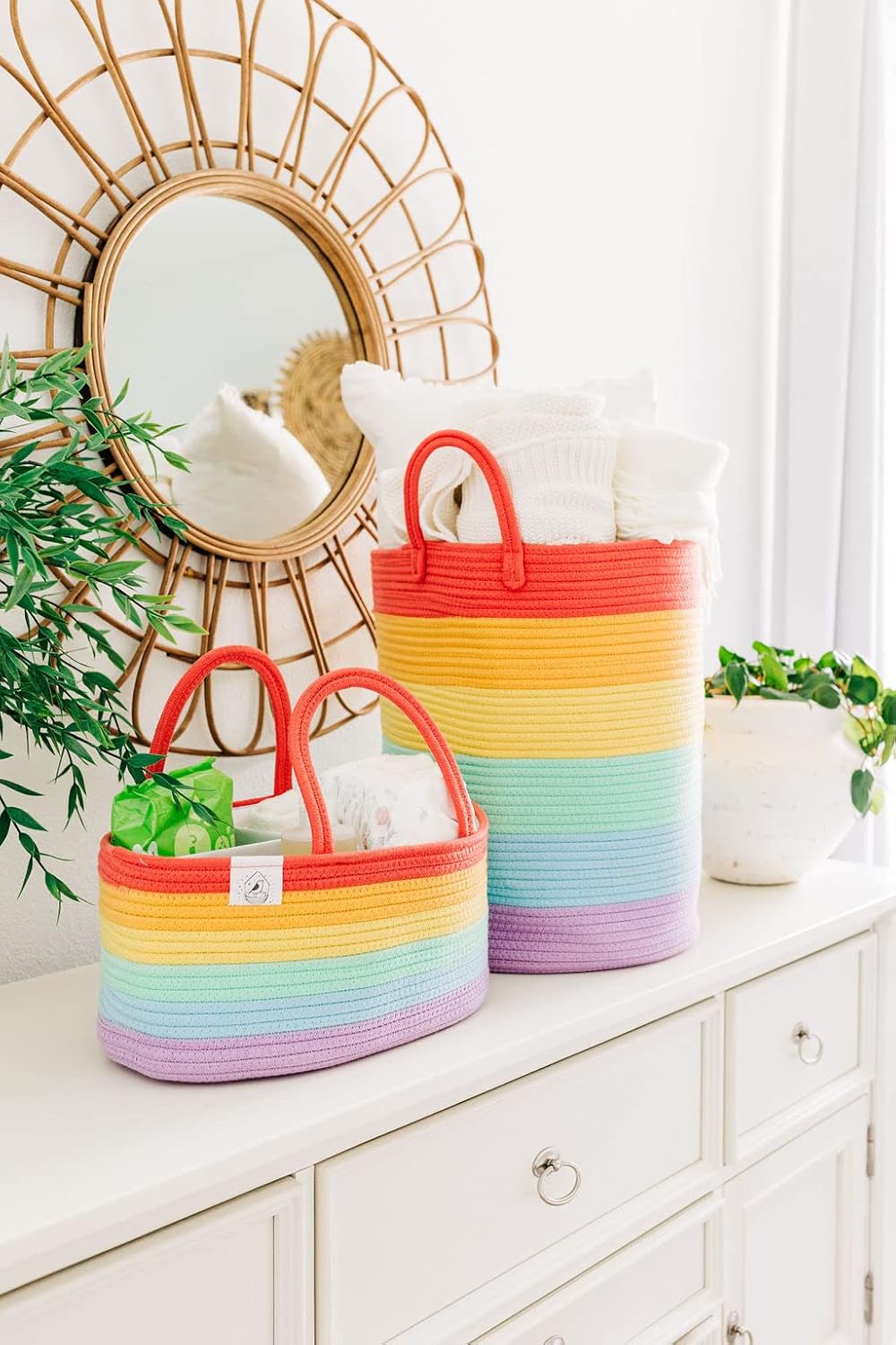 OrganiHaus Pastel Rainbow Nursery Storage Basket, Cotton Rope Toy & Diaper Caddy Organizer with Handles, Baby Diaper Organizer, Foldable Design, Machine Washable, Ideal for Baby Room & Laundry