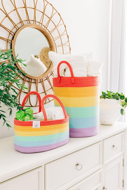 OrganiHaus Pastel Rainbow Nursery Storage Basket, Cotton Rope Toy & Diaper Caddy Organizer with Handles, Baby Diaper Organizer, Foldable Design, Machine Washable, Ideal for Baby Room & Laundry