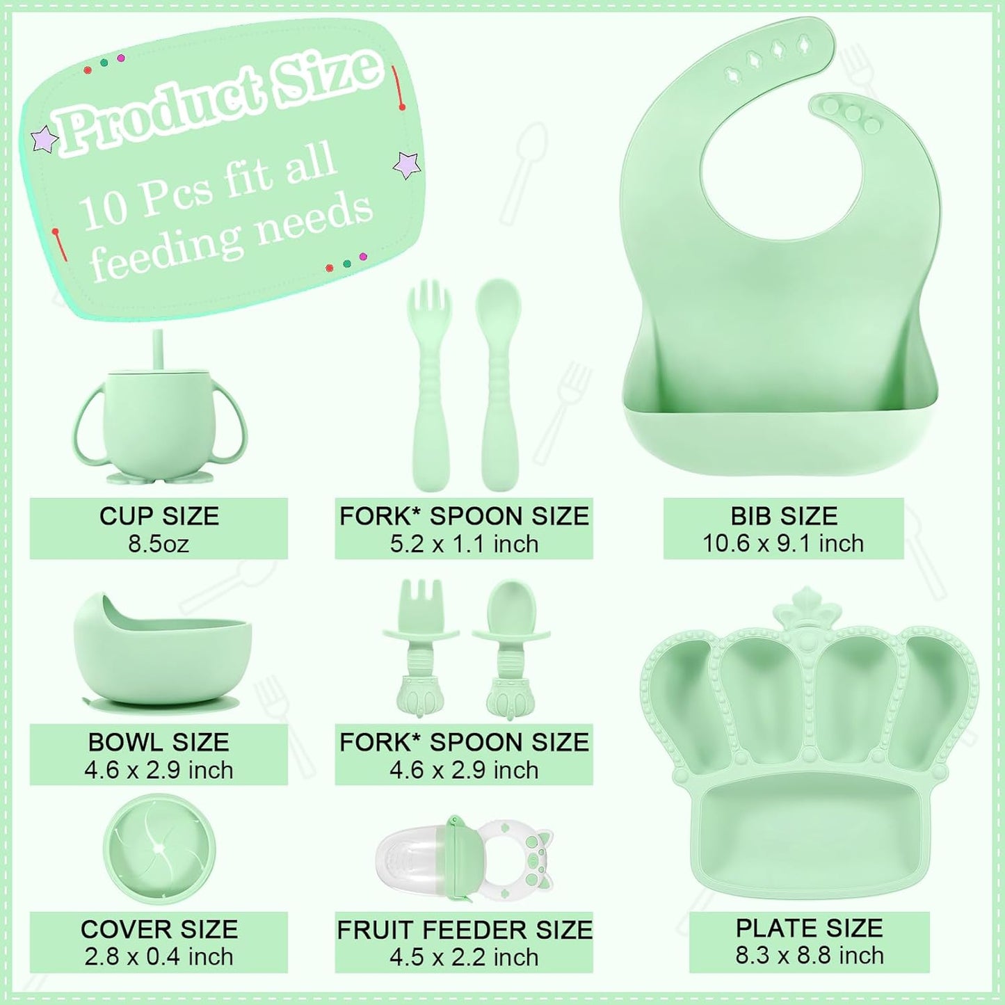 Silicone Baby Feeding Set 10 Pcs Baby Led Weaning Supplies Suction Bowl Divided Plate Baby Bibs Fruit Feeder Baby Spoons Forks Sippy Cup Toddler Utensil Sets Baby Essentials for Newborn Gift