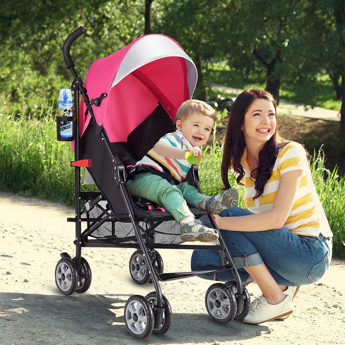 BABY JOY Lightweight Stroller, Compact Travel Stroller, Infant Stroller w/Adjustable Backrest & Canopy, Cup Holder, Storage Basket, 5-Point Harness, Easy Fold, Umbrella Stroller for Toddler, Black