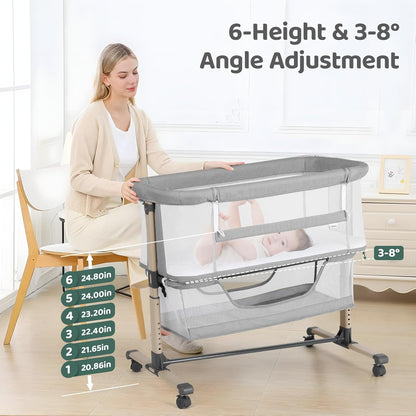 Cowiewie Bassinet Bedside Sleeper, Portable, Breathable, Adjustable Baby Bedside Bassinet for Peaceful Nights, Light Grey