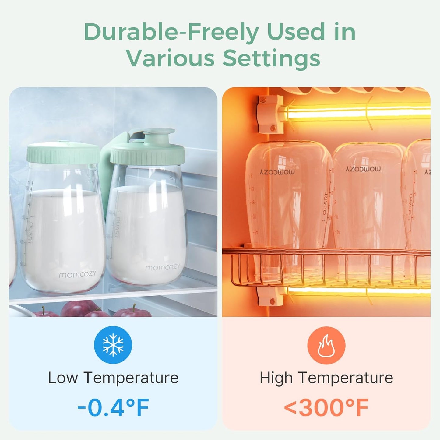 Momcozy Breast Milk Pitcher, Resistant to Heat and Cold Abrupt Temp Swings, No Leak Glass Breast Milk Fridge Storage Container with Wide Mouth, Fast Baby Formula Maker, Green
