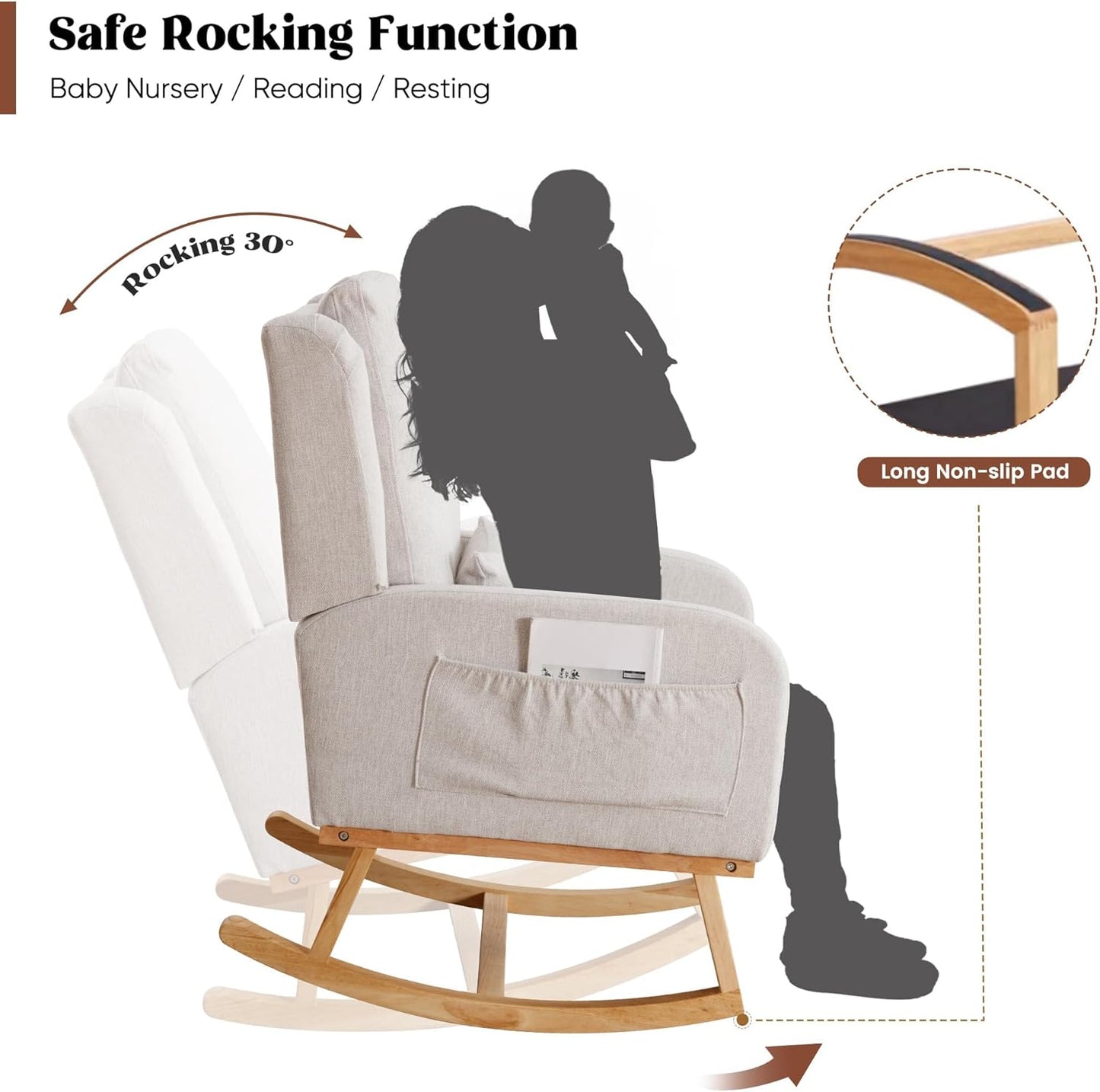 HCHAIRH Rocking Chair Nursery, Sherpa Nursing Rocking Chairs, Upholstered Nursery Glider Rocker for Mom Nursery Morden Accent Rocking Chair Pillow for Living Room,Bedroom,Teddy Light Grey