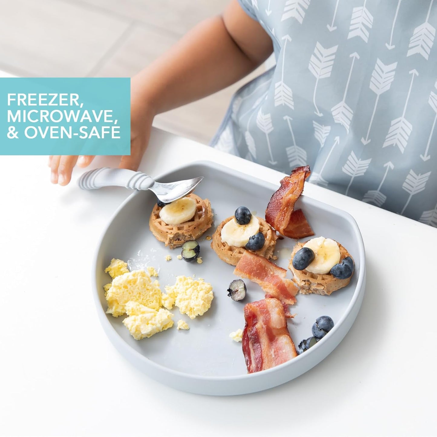 Bumkins Toddler and Baby Suction Plate, Divided Grip Dish for Babies and Kids, Baby Led Weaning, Feeding Supplies, Sticks to Tables and Highchairs, Platinum Silicone, for Chidren 6 Months, Gray