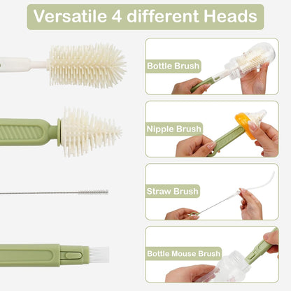 7-in-1 Baby Bottle Brush Set, Silicone Bottle Cleaner Kit with Nipple & Straw Brush, Soap Dispenser, Drying Rack & Travel Storage Case, Baby Bottle Cleaning Essentials (Green-Crocodile