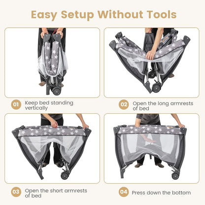 Costzon 3 in 1 Pack and Play with Bassinet, Portable Baby Playard with Changing Table, Music Box, Whirling Toys, Wheels/Brake, Basket, Foldable Infant Bassinet Crib for Baby Toddlers Indoor Outdoor