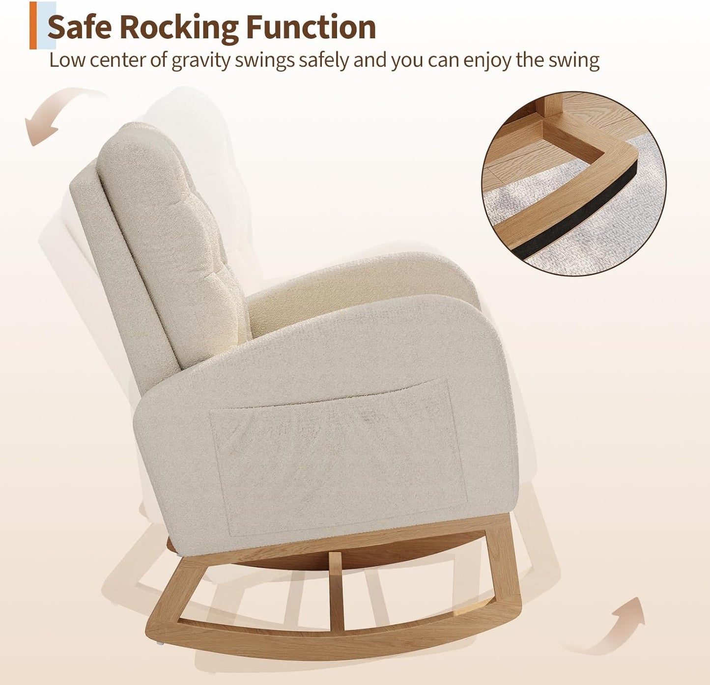 Modern Rocking Chair for Living Room, Comfortable Recliner Rocker with Side Pocket, Soft Linen Upholstered Glider Chair for Bedroom, Nursery, Lounge-Grey