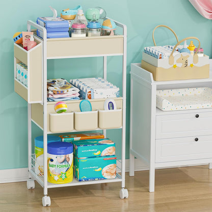 JBBTOOL 3-Tier Baby Diaper Caddy Cart with Wheels, Nursery Storage Organizer with Dividers & Pockets, Mobile Metal Utility Cart for Baby Essentials, Bedroom, Kitchen & Office