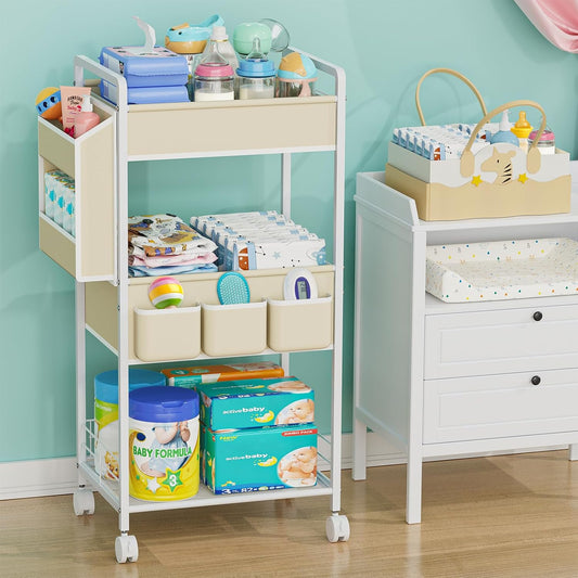 JBBTOOL 3-Tier Baby Diaper Caddy Cart with Wheels, Nursery Storage Organizer with Dividers & Pockets, Mobile Metal Utility Cart for Baby Essentials, Bedroom, Kitchen & Office