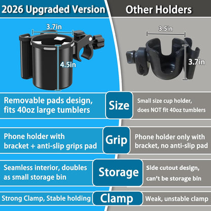 Universal Clamp-on 2-in-1 Cup Holder & Phone Holder for Stroller, Walker, Wheelchair, Fits 12oz-40oz Drinks, Multifunctional Storage Organizer