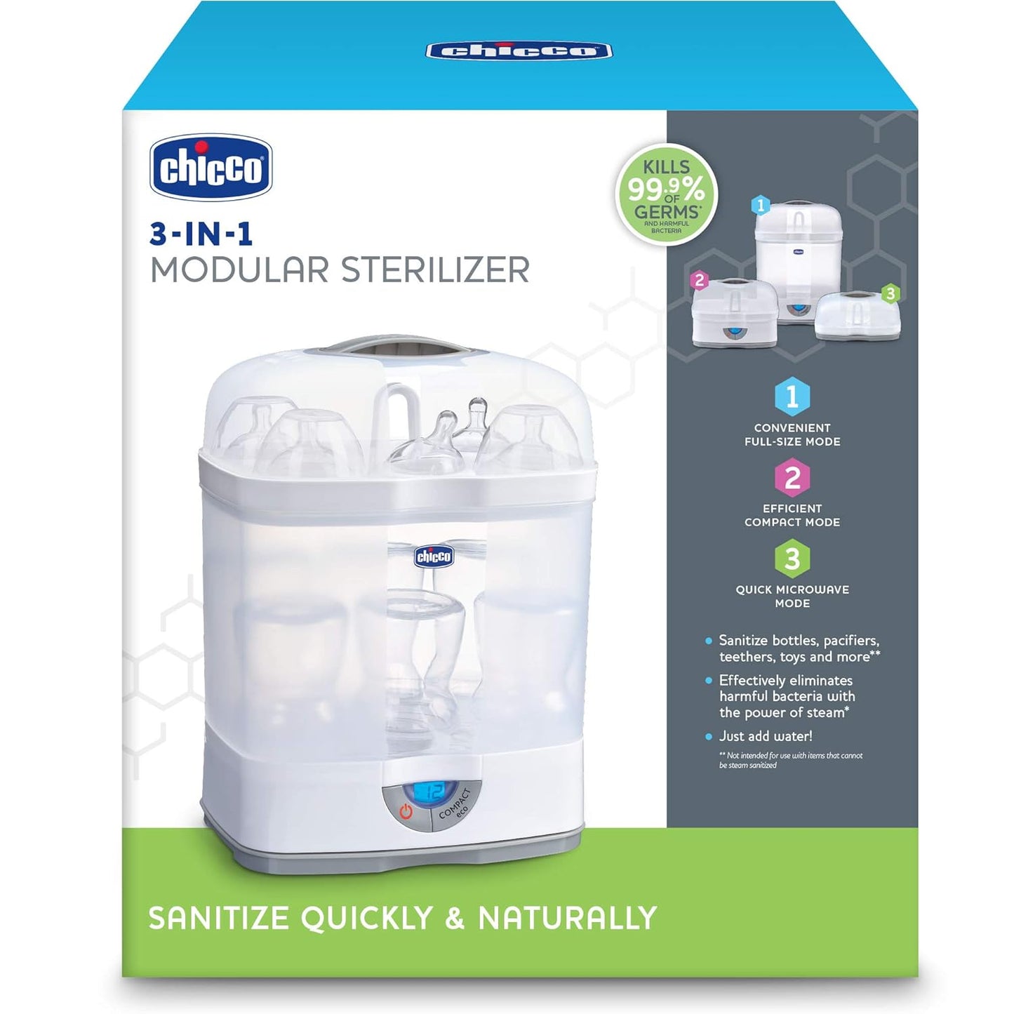 Chicco 3-in-1 Modular Electric Steam Sterilizer for Baby Bottles, Feeding Accessories, and More | Eliminates 99.9% of Germs | 3 Configurations | Automatic Shut-Off and Quiet Operation