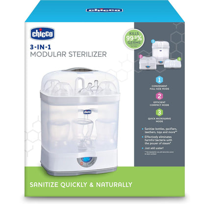 Chicco 3-in-1 Modular Electric Steam Sterilizer for Baby Bottles, Feeding Accessories, and More | Eliminates 99.9% of Germs | 3 Configurations | Automatic Shut-Off and Quiet Operation