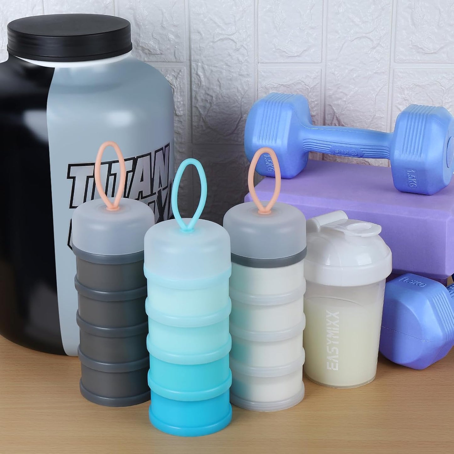 Accmor 2 Pcs Protein Powder Container to Go with Funnels Stand, 4 Compartments Stackable Protein Powder Dispenser for Workout, Fitness, Travel