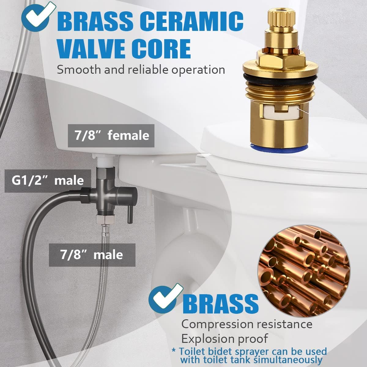 SonTiy Handheld Bidet Sprayer for Toilet, All Metal Cloth Diaper Toilet Sprayer Bidet Attachment with Backflow Preventer, Adjustable Water Jet Spray, 7.2" Brass Hand Held Bidet Wand, Chrome