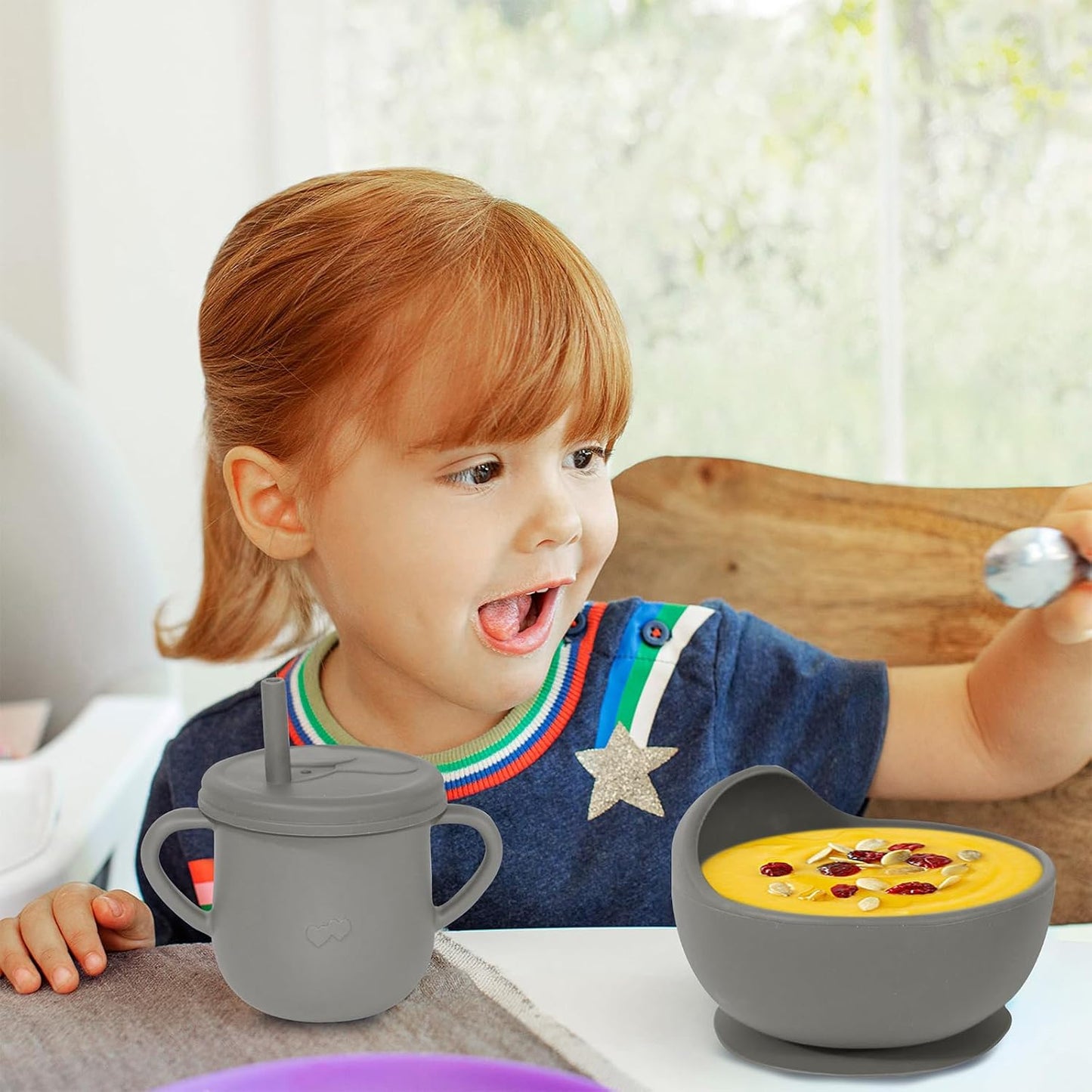 100% Silicone Baby Feeding Set, BPA Free Baby Dishes with Suction Bowl, Divided Plate, Toddler Self Feeding Dish Set with Spoons, Forks, Sippy Cup and Bib, Baby Eating Utensils (Navy Blue)
