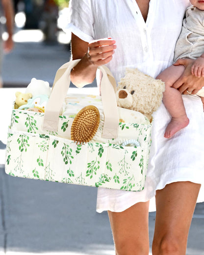 BuyCard Floral Baby Diaper Caddy Organizer, Large Quilted Nursery Storage Basket with Handle, Gift for Baby Shower, Newborn Parents Gift