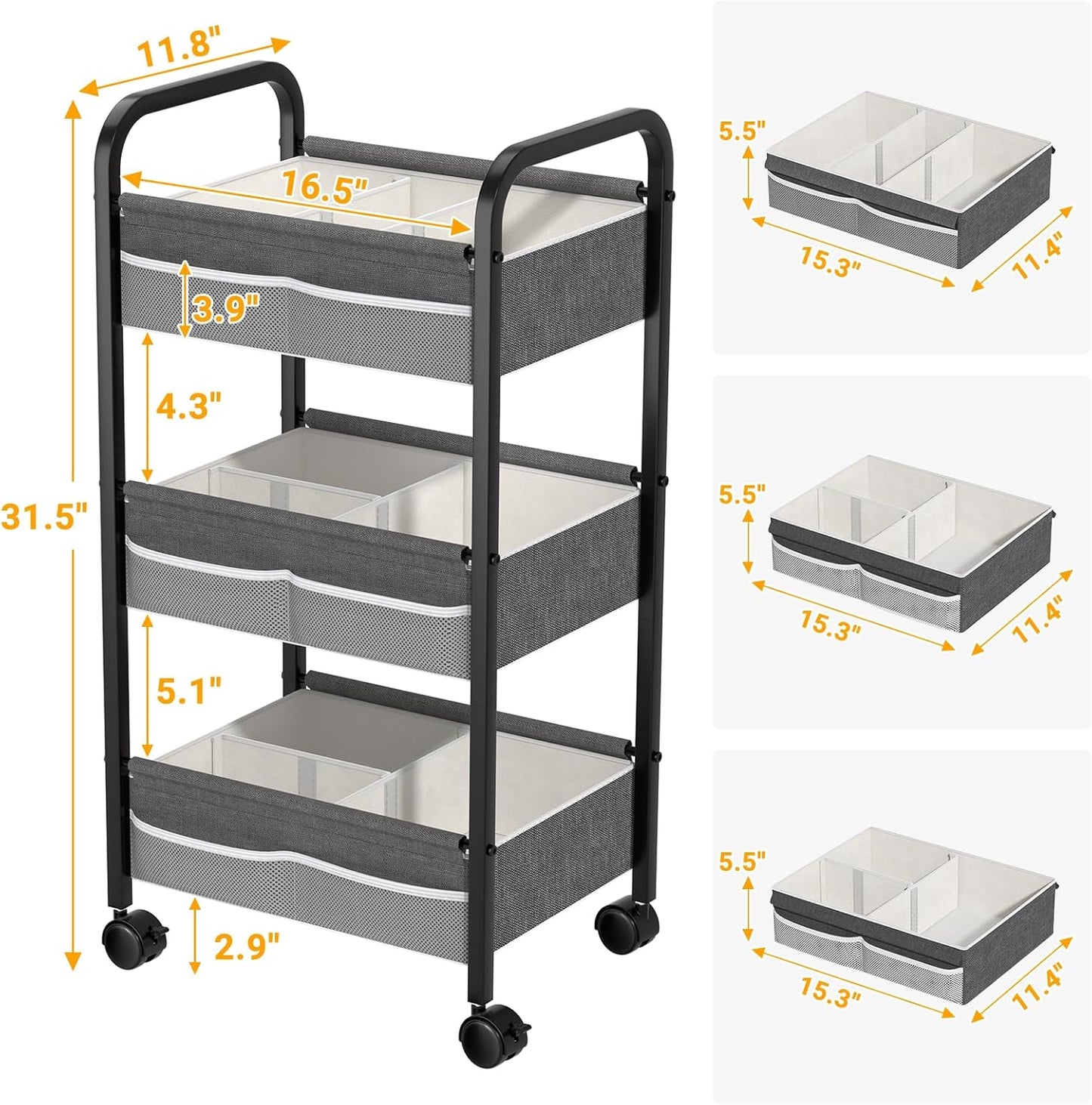 Baby Diaper Caddy Rolling Utility Cart, 3 Tier Baby Essentials Nursery Organizer and Storage with Dividers and Drawers for Crib, Bedroom, Art & Craft Organizer (Black)