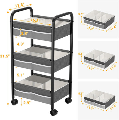 Baby Diaper Caddy Rolling Utility Cart, 3 Tier Baby Essentials Nursery Organizer and Storage with Dividers and Drawers for Crib, Bedroom, Art & Craft Organizer (Black)
