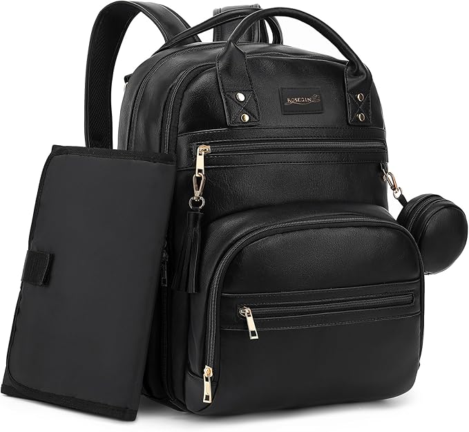 ROSEGIN Premium Vegan Leather Diaper Bag Backpack with Waterproof Changing Pad, Reinforced Zippers & Odor-Free, 20 Pockets Pro Organizer, Fits 15.6" Laptop, Stroller Straps, Baby Bag for Mom, Black