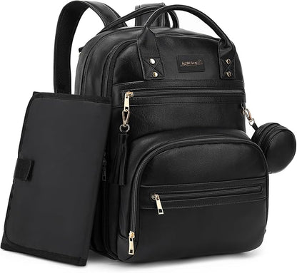 ROSEGIN Premium Vegan Leather Diaper Bag Backpack with Waterproof Changing Pad, Reinforced Zippers & Odor-Free, 20 Pockets Pro Organizer, Fits 15.6" Laptop, Stroller Straps, Baby Bag for Mom, Black