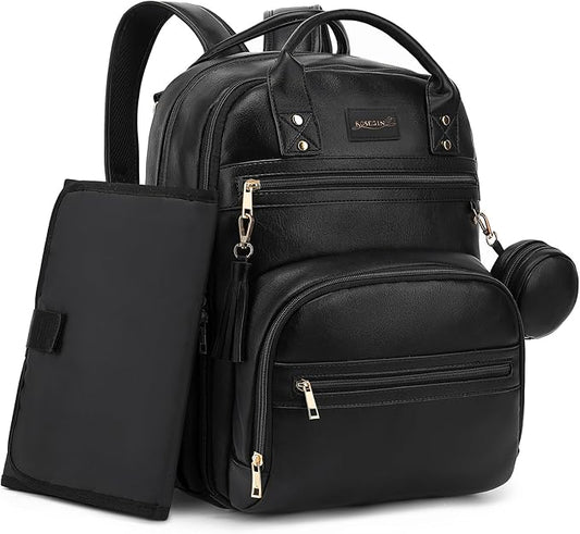 ROSEGIN Premium Vegan Leather Diaper Bag Backpack with Waterproof Changing Pad, Reinforced Zippers & Odor-Free, 20 Pockets Pro Organizer, Fits 15.6" Laptop, Stroller Straps, Baby Bag for Mom, Black