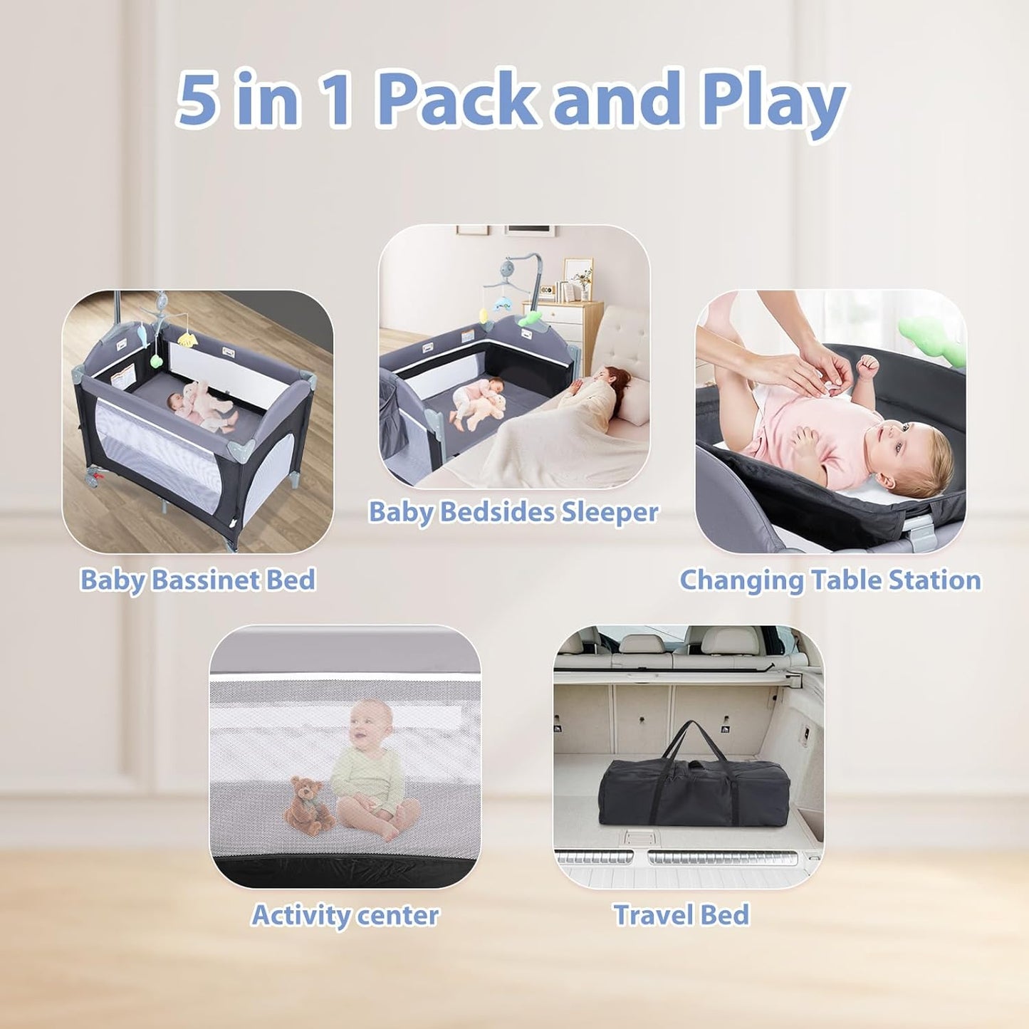 SIMPLGIRL 5-in-1 Baby Bassinet Bedside Crib, Pack and Play Long Next to Parents Bed Crib, Foldable Playard, Playpen Travel Bed Nursery Center for Girl Boy Infant Newborn