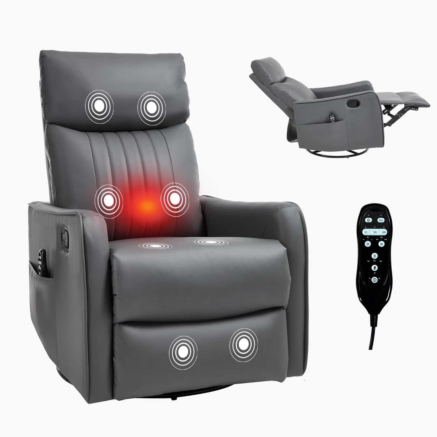 Swivel Rocker Recliner Chair for Adults, Nursery Rocking Chair with Heat and Massage, Glider Reclining Chair for Small Space Living Room Bedroom, Faux Leather Black
