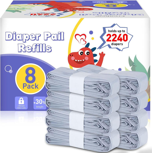 Diaper Pail Refill Bags 8 Pack Upgraded Odor Control Diaper Disposal Bag Compatible with All Diaper Trash Can, Compact Pail, Square Pails Diaper Pail Refills