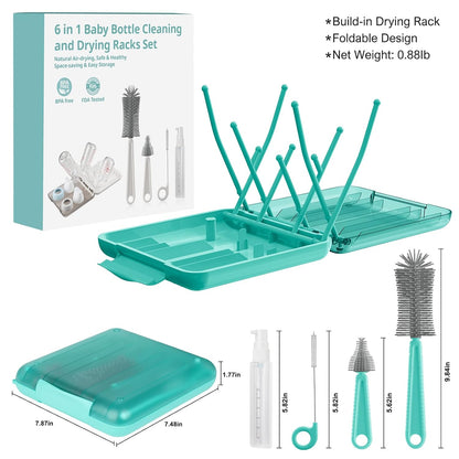 Bottle Brush Set -Baby Travel Essential-6 in 1 Bottle Cleaner Kit with Silicone Bottle Brush,Nipple Cleaner Brush,Straw Brush,Soap Dispenser,Storage Box,Bottle Drying Rack for Home and Travel(Green)
