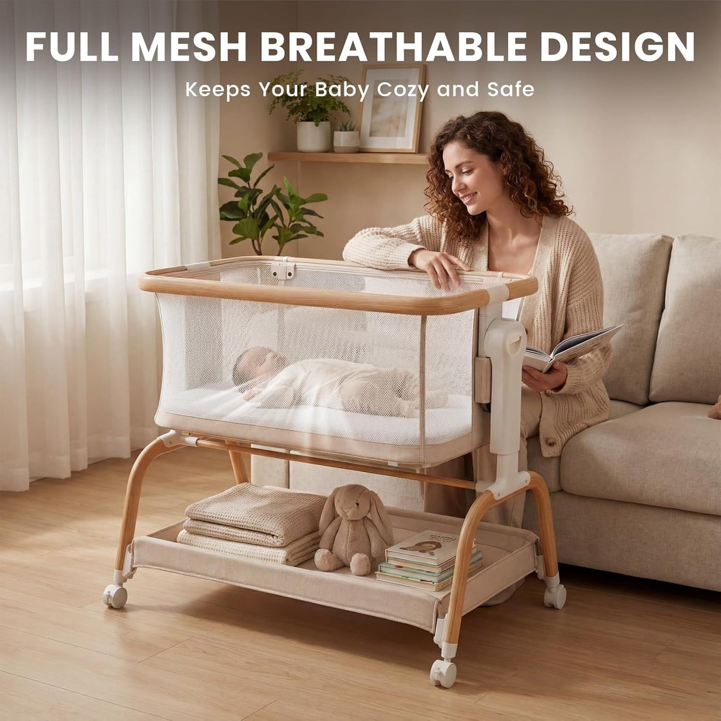 3 in 1 Baby Bassinet,Rocking Bassinets Bedside Sleeper with 6 Adjustable Heights,Breathable Full-Mesh,Comfortable Mattress & Lockable Wheels,Stable Rolling Portable Crib for Newborns(Gray) | Breathable Full Mesh, V-Shaped Structure