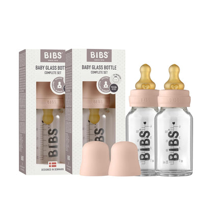 BIBS Baby Glass Bottle. Anti-Colic. Round Natural Rubber Latex Nipple. Supports Natural Breastfeeding, Complete Set - 110 ml, Cloud
