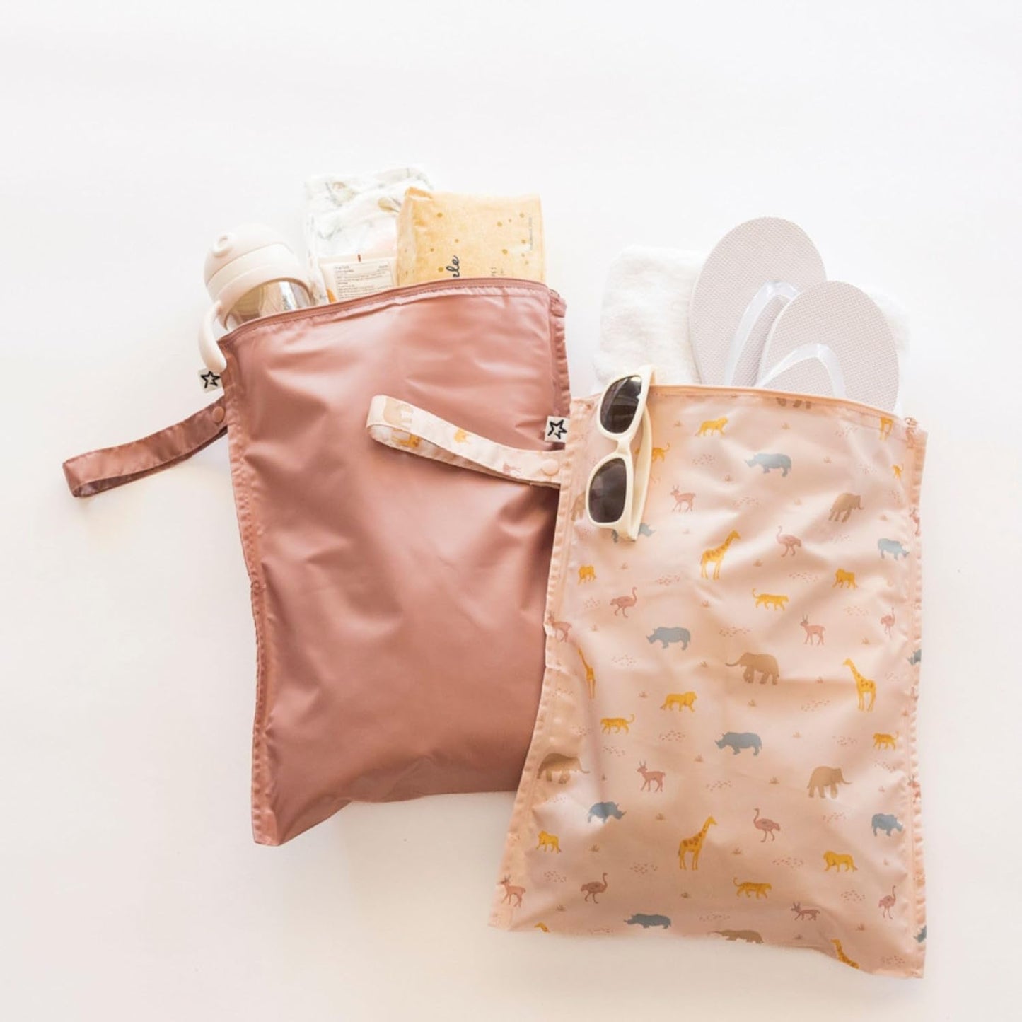 Tiny Twinkle Mess Proof Wet Bags | 2-Pack Reusable Waterproof Wet Bags for Swimsuits | Baby Clothes | Travel & Diaper Bag (Pink, Brown Checkers) - Colors B