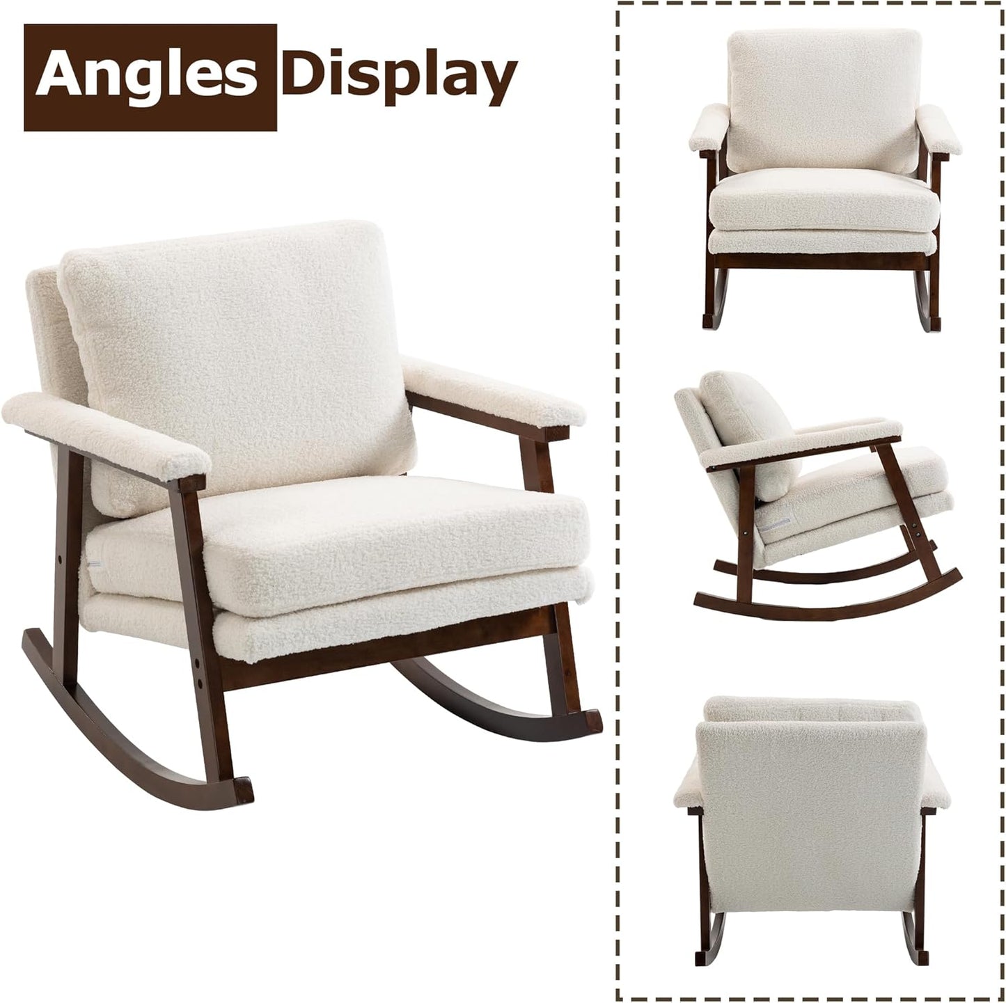 Rocking Accent Chair, Nursery Upholstered Glider Cozy Small Rocker Rocking Chair for Adult, Comfy Side Modern Arm Chair for Living Room/Bedroom/Offices/Balcony-White