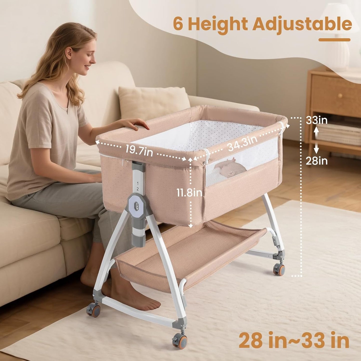 JOYMOR 3 in 1 Baby Bassinet, Bedside Bassinet for Baby, with Comfy Mattress and Wheels, 6 Height Adjustable Easy Folding Portable Bedside Crib for Newborn (Black)