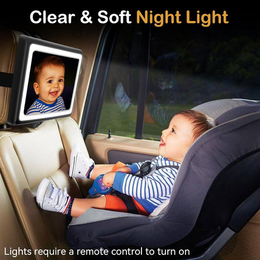 Baby Car Mirror with Light - Remote Control, 360° Adjustable, Shatter Resistant Car Seat Mirror - Clear Night Vision, Easy Installation for Rear Facing Infants