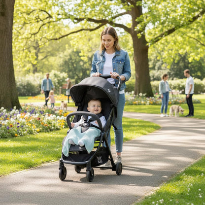 HiBud Baby Stroller, Lightweight Compact Stroller with One-Hand Auto Folding, 5-Point Harness, Adjustable Footrest, Multi-Position Recline, Carry Strap, Supports up to 40 lbs (Grey)