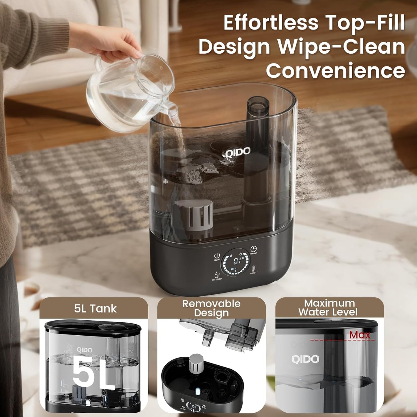 COMHOMA Top Fill Humidifiers for Bedroom, 5L Tank for Large Room, Easy to Fill & Clean, 28dB Quiet Cool Mist Air Humidifier for Home Baby Nursery & Plants, Touch/APP/7-color Nightlight, 36H, White