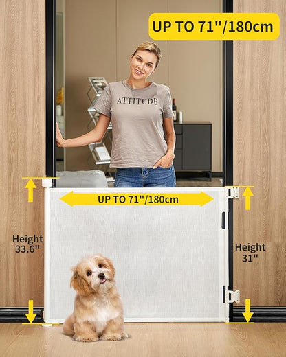 Retractable Baby Gate for Stairs – 33” Height, Expands up to 71” Width – Safety Gate for Infants, Toddlers, Dogs & Pets – Easy Install, Secure Closure, White Mesh Design for Indoor & Outdoor Use