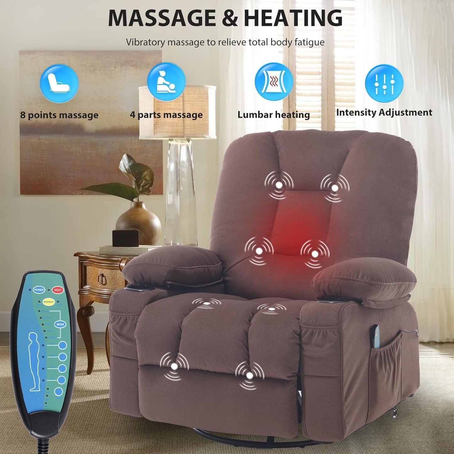 Rocker Recliner Chair with Massage and Heat, Oversized Rocking Nursery Recliners Overstuffed Swivel Glider with Cup Holder, Fabric Manual Single Sofa for Living Room, Beige